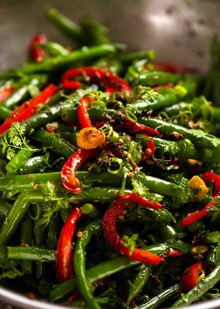 Close up of Yotam Ottolenghi's Green Bean Salad in a bowl