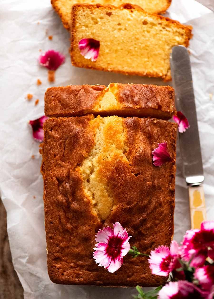 Overhead photo of slicing Pound Cake