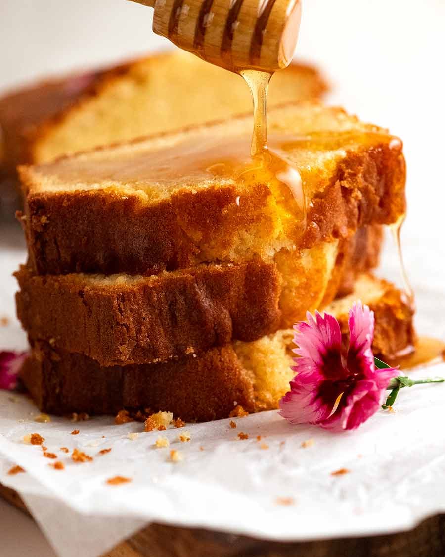 Drizzling honey over Pound Cake