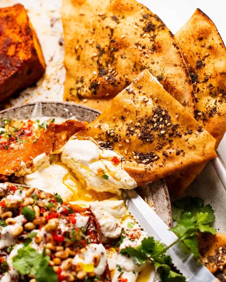 Crispy toasted Lebanese bread with Roasted sweet potato steaks