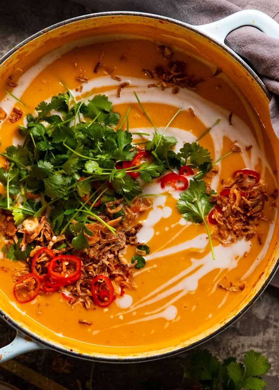 Overhead photo of a pot of Thai Coconut Pumpkin Soup