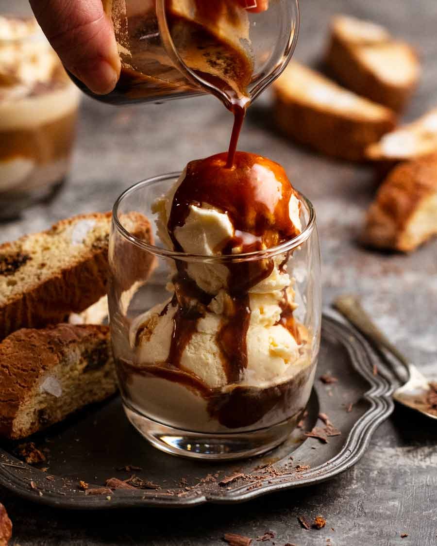 Pouring coffee over ice cream for Affogato