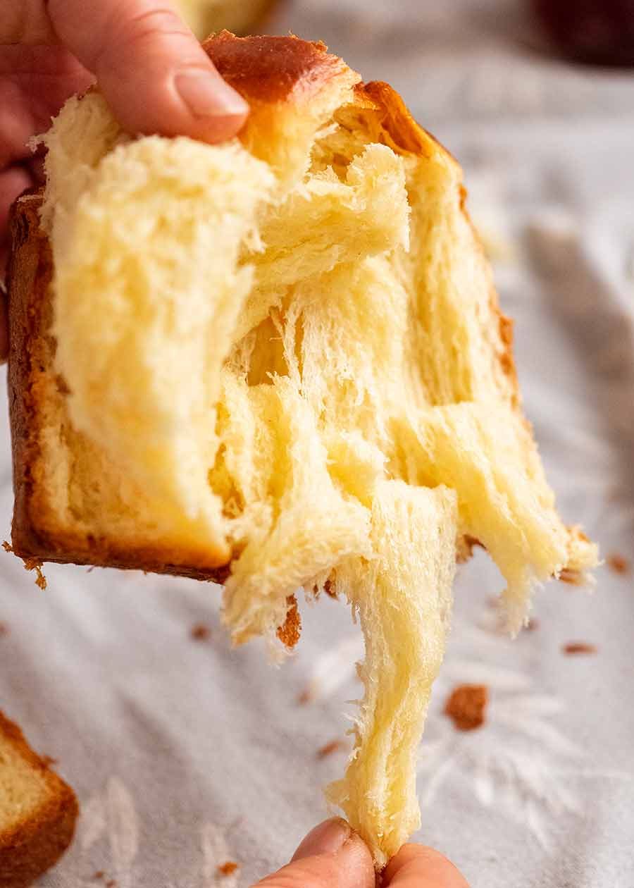 Showing how the crumb of brioche has cotton-candy like stands