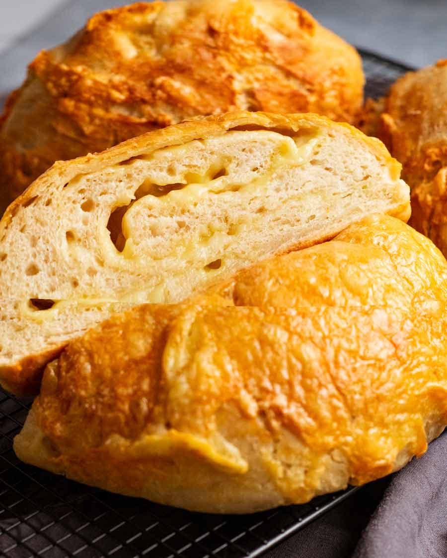 Cut open No Knead Cheese Bread