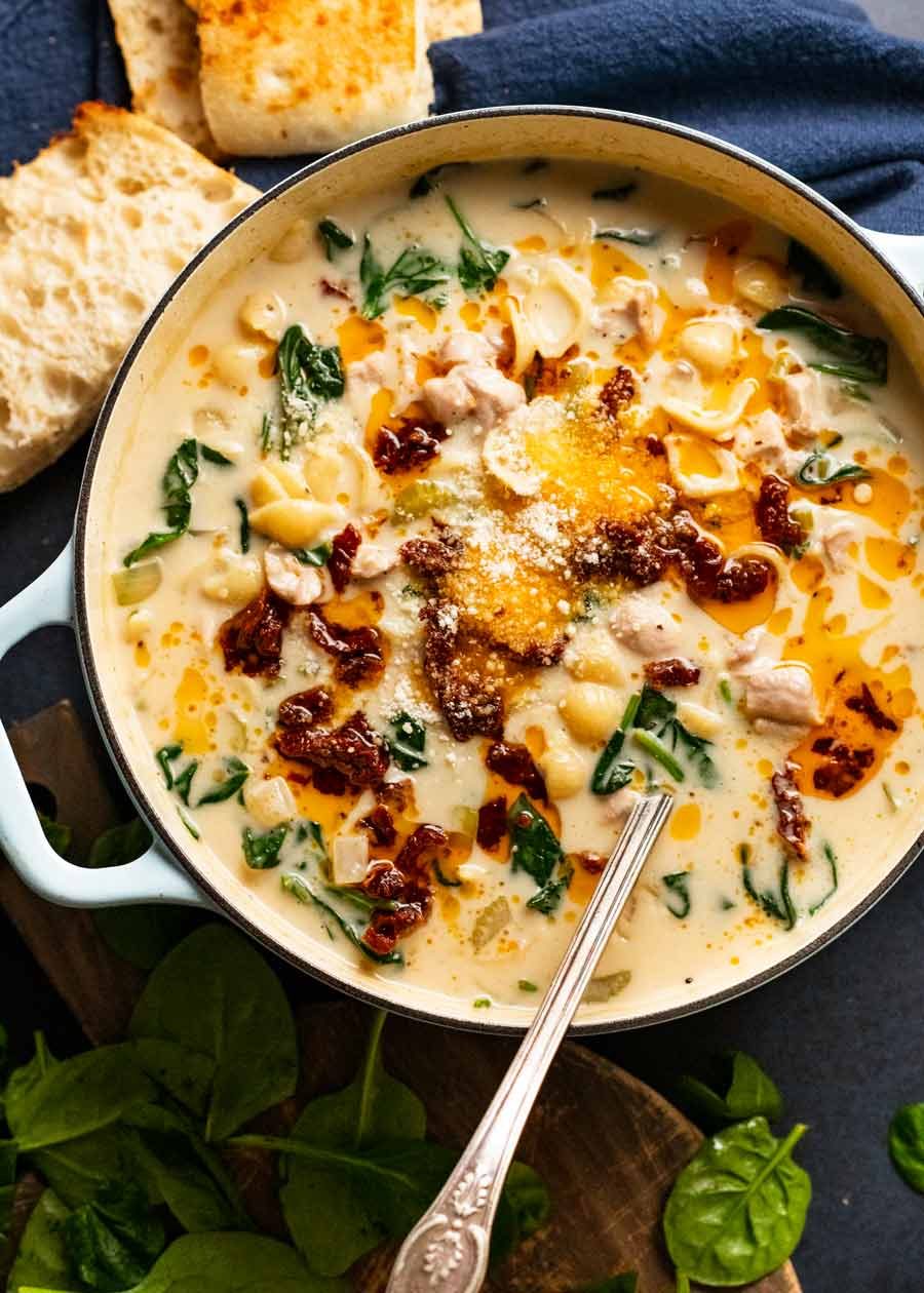 Pot of freshly made Creamy Tuscan Chicken Soup