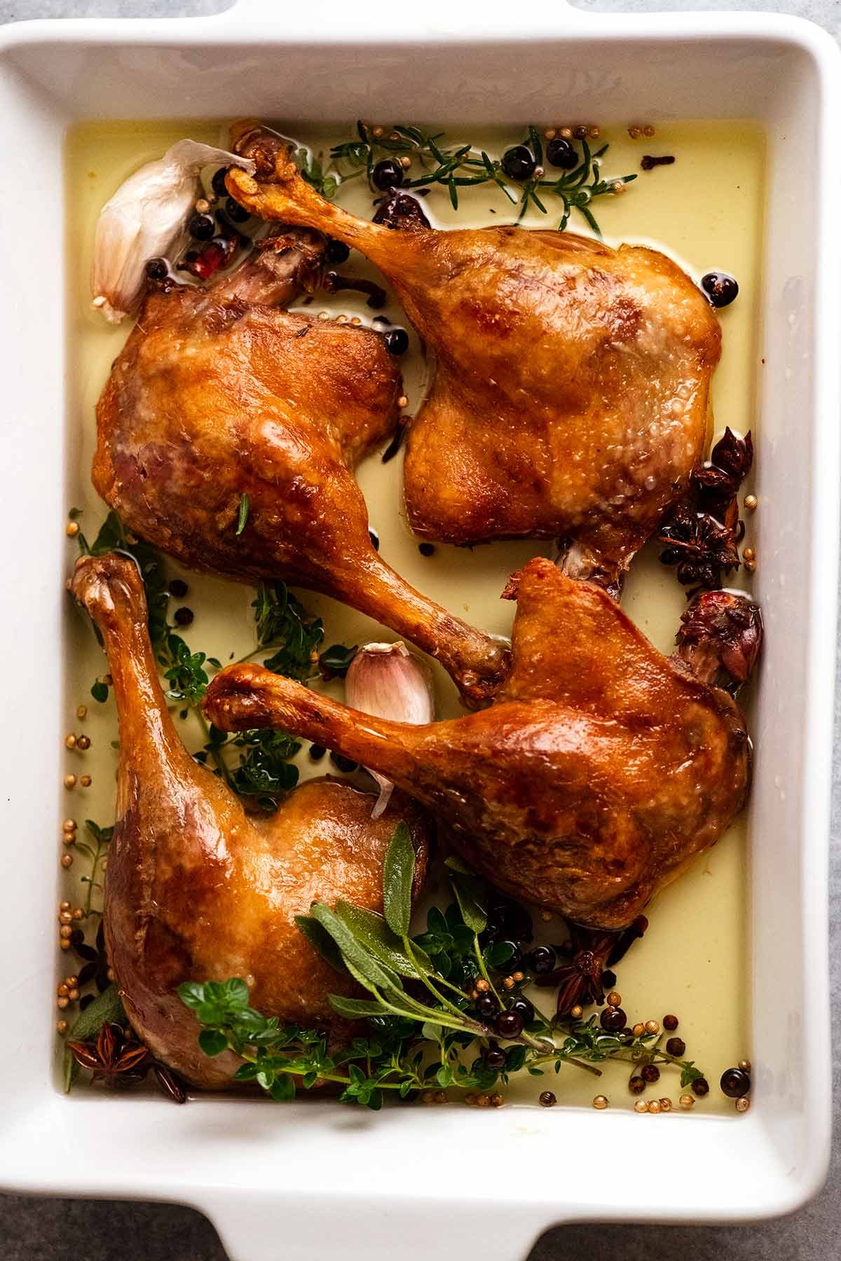 Duck Confit in a white baking dish