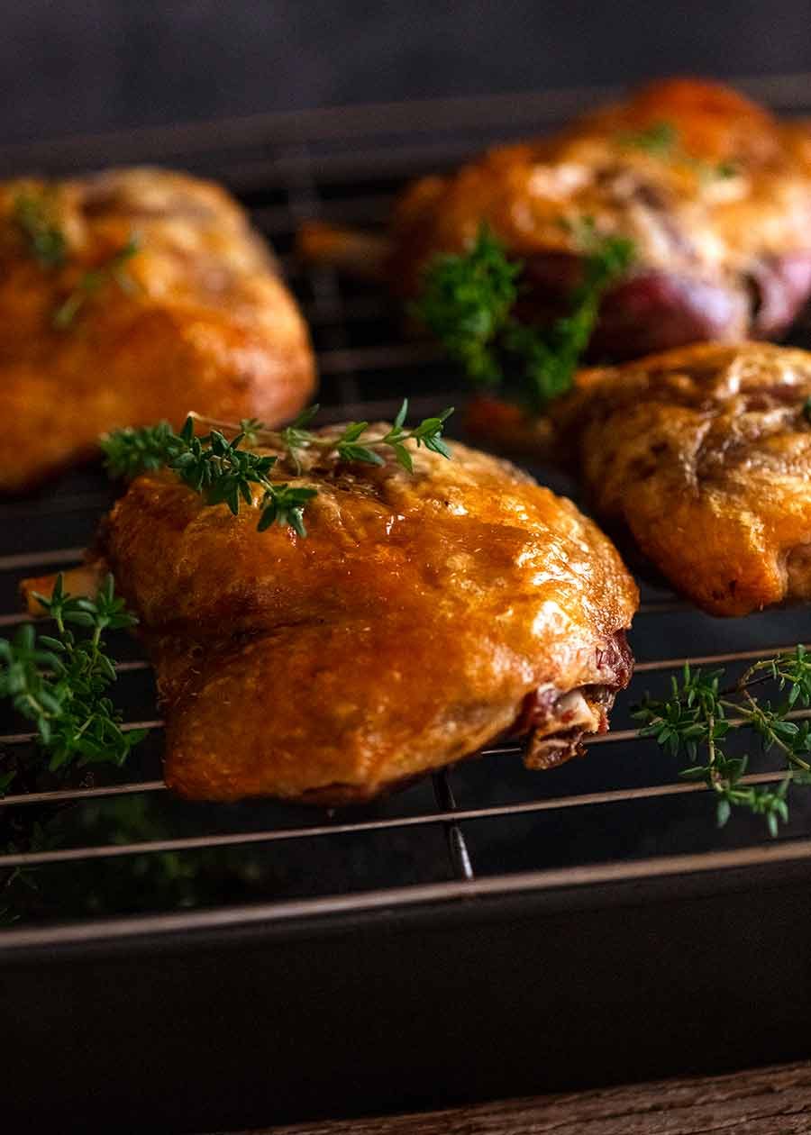 Duck Confit fresh out of the oven with crispy golden skin