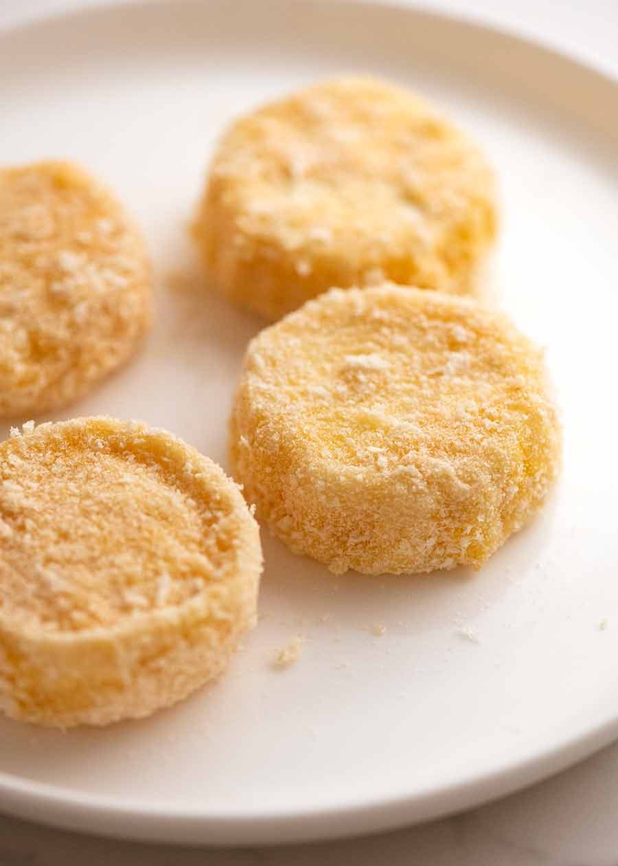 Crumbed Goat's Cheese ready to pan fry for Warm French Goat's Cheese Salad (Salade de Chêvre Chaud)