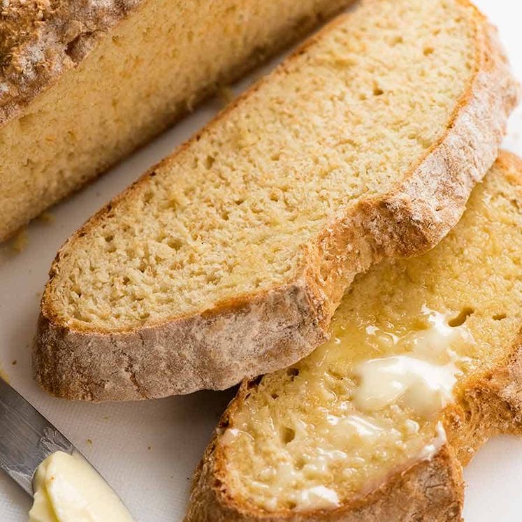 Close up of slice of Irish Soda Bread (no yeast bread)