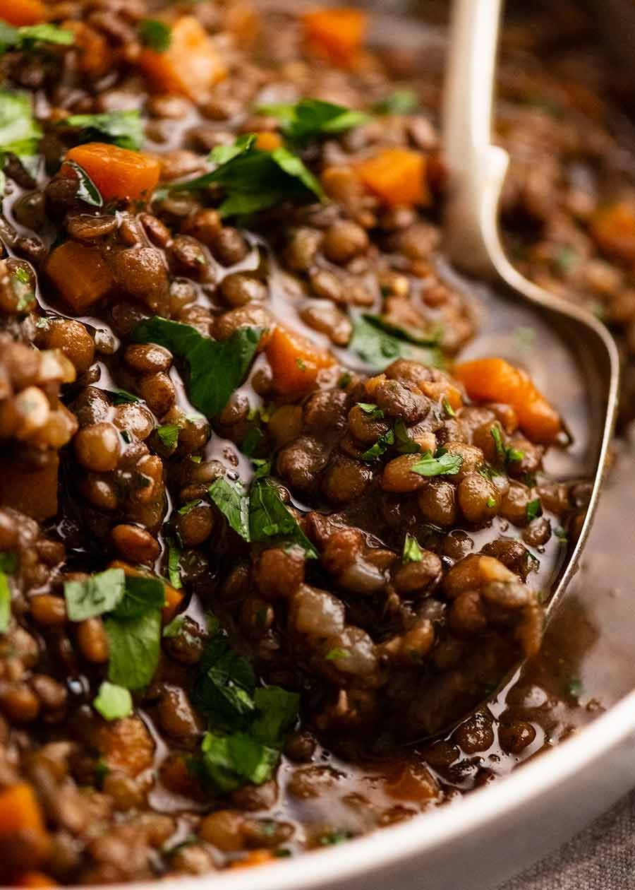 Close up of Lentil Ragout - French lentil side dish