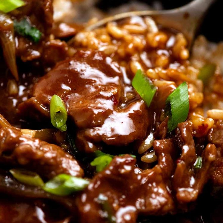 Close up of Mongolian Lamb in a bowl with rice