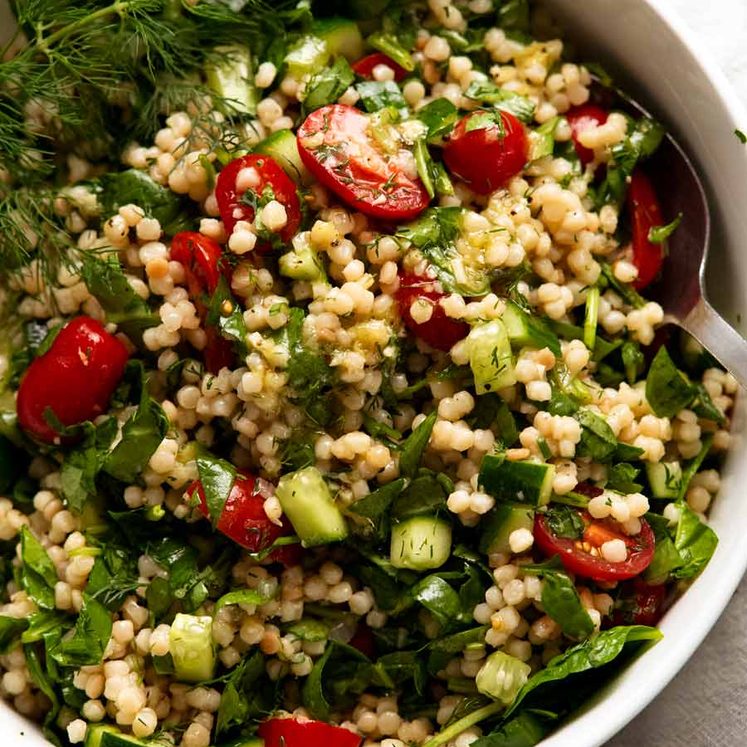 Overhead photo of Pearl couscous salad