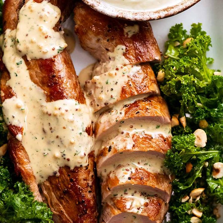 Overhead photo of Pork Tenderloin with Creamy Mustard Sauce