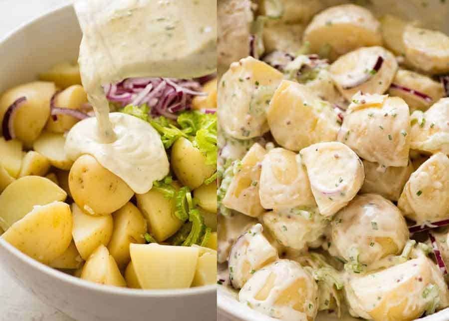 Close up of Healthy creamy no mayo Potato Salad being poured over potato