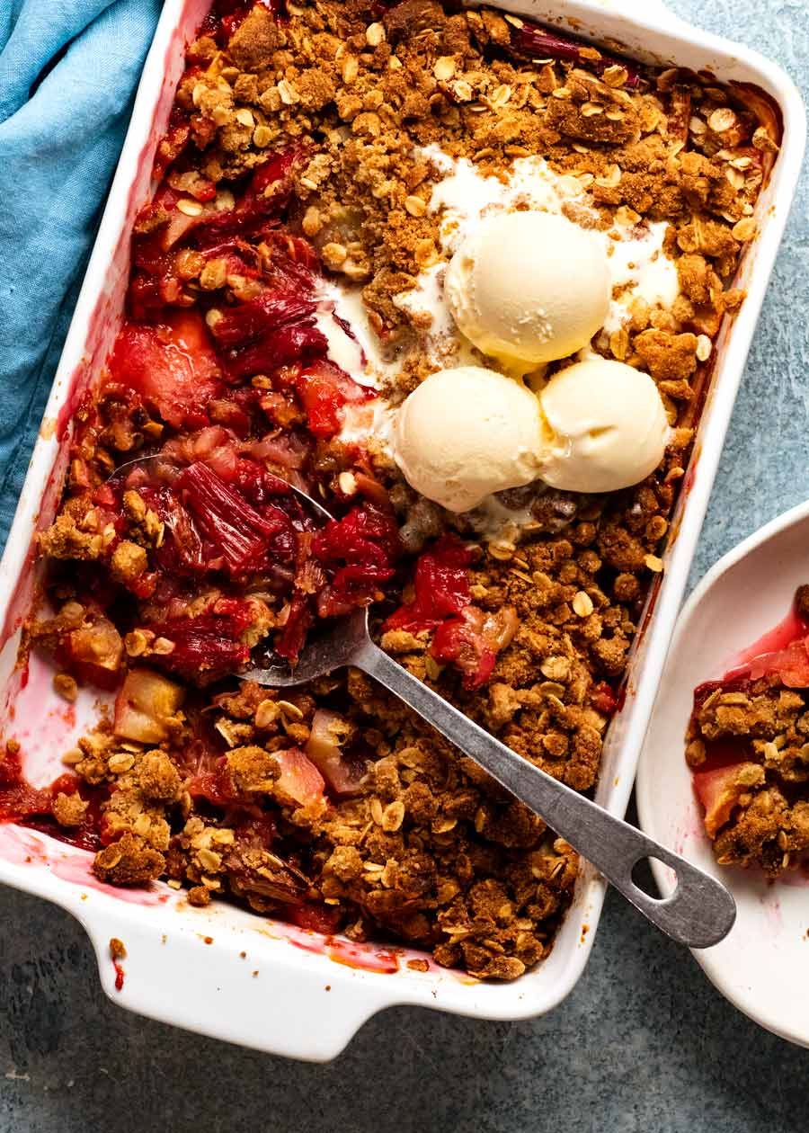 Overhead Rhubarb crumble with apple