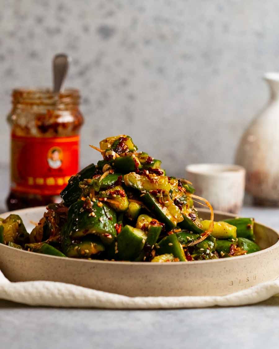 Pile of Spicy Cucumber Salad on a plate ready to be eaten