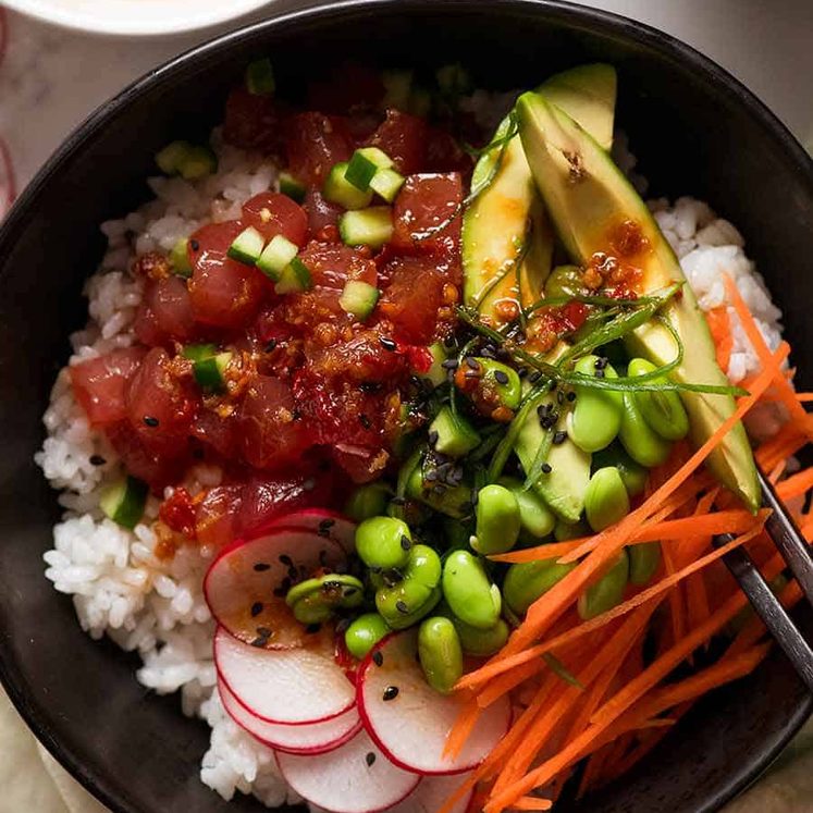 Close up overhead photo of Poke Bowl recipe