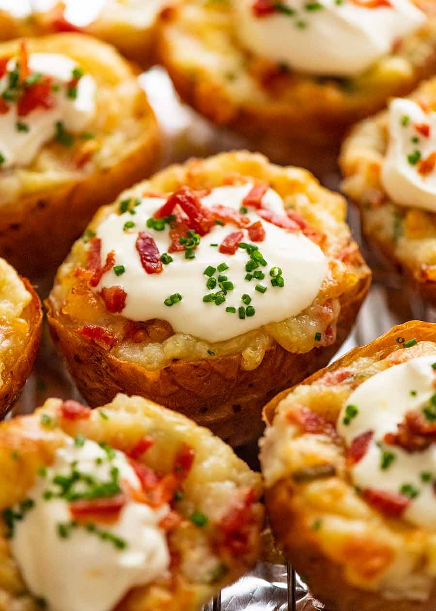 Tray of Stuffed Baked Potatoes (Twice Baked Potatoes) fresh out of the oven