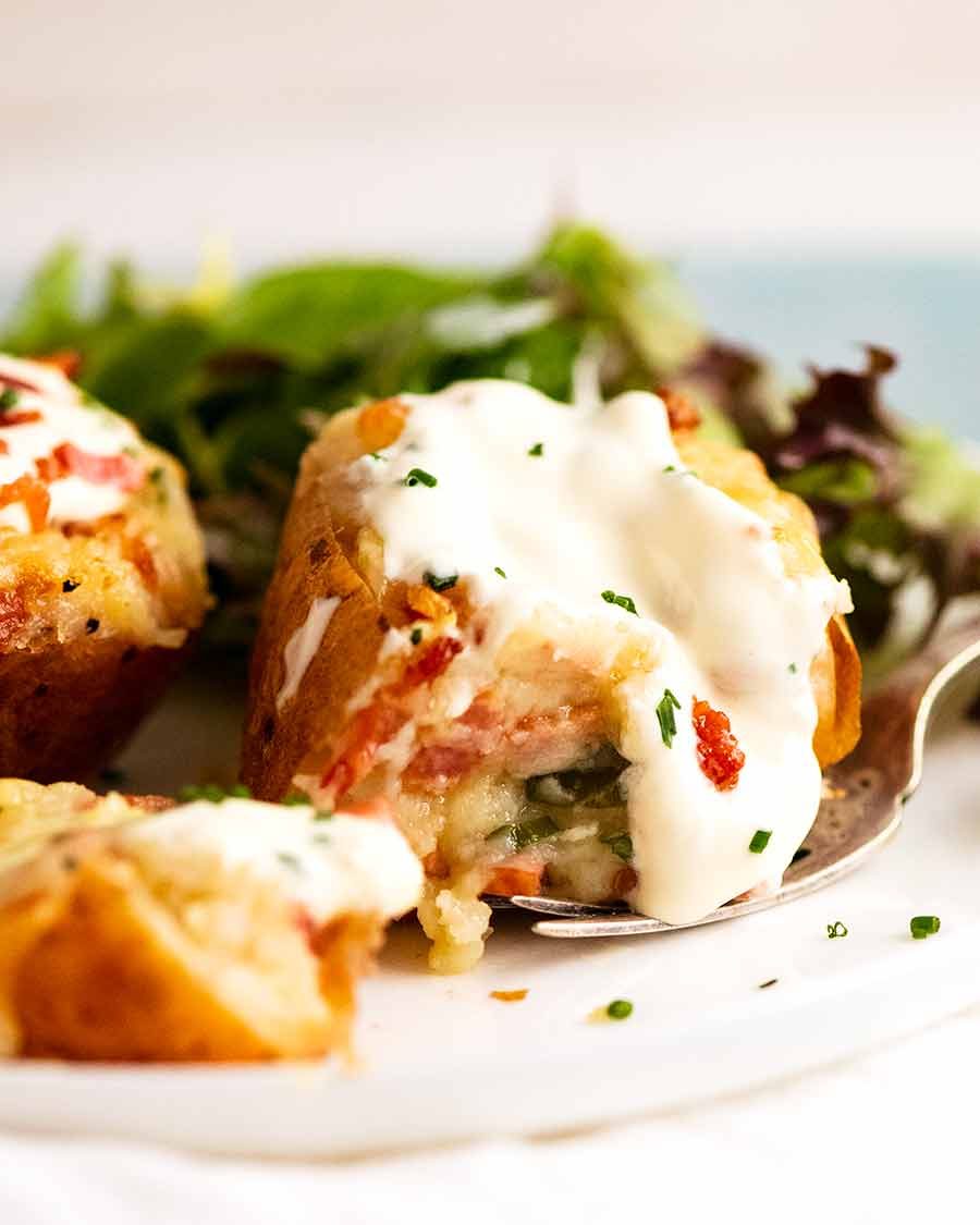 Close up of Stuffed Baked Potatoes (Twice Baked Potatoes)