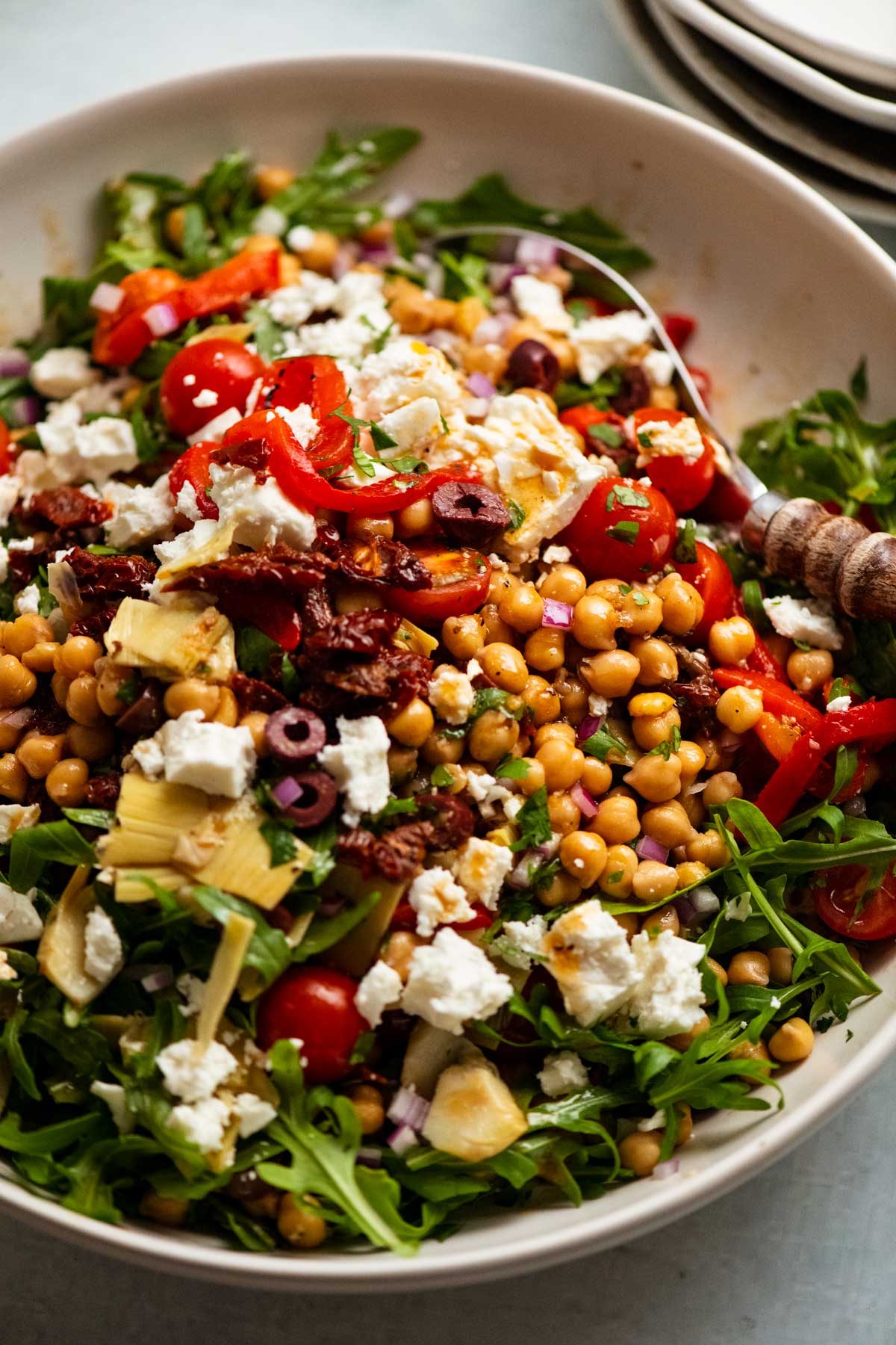 Big bowl of Antipasto chickpea salad