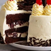 Close up of a slice of Black Forest Cake ready to be served