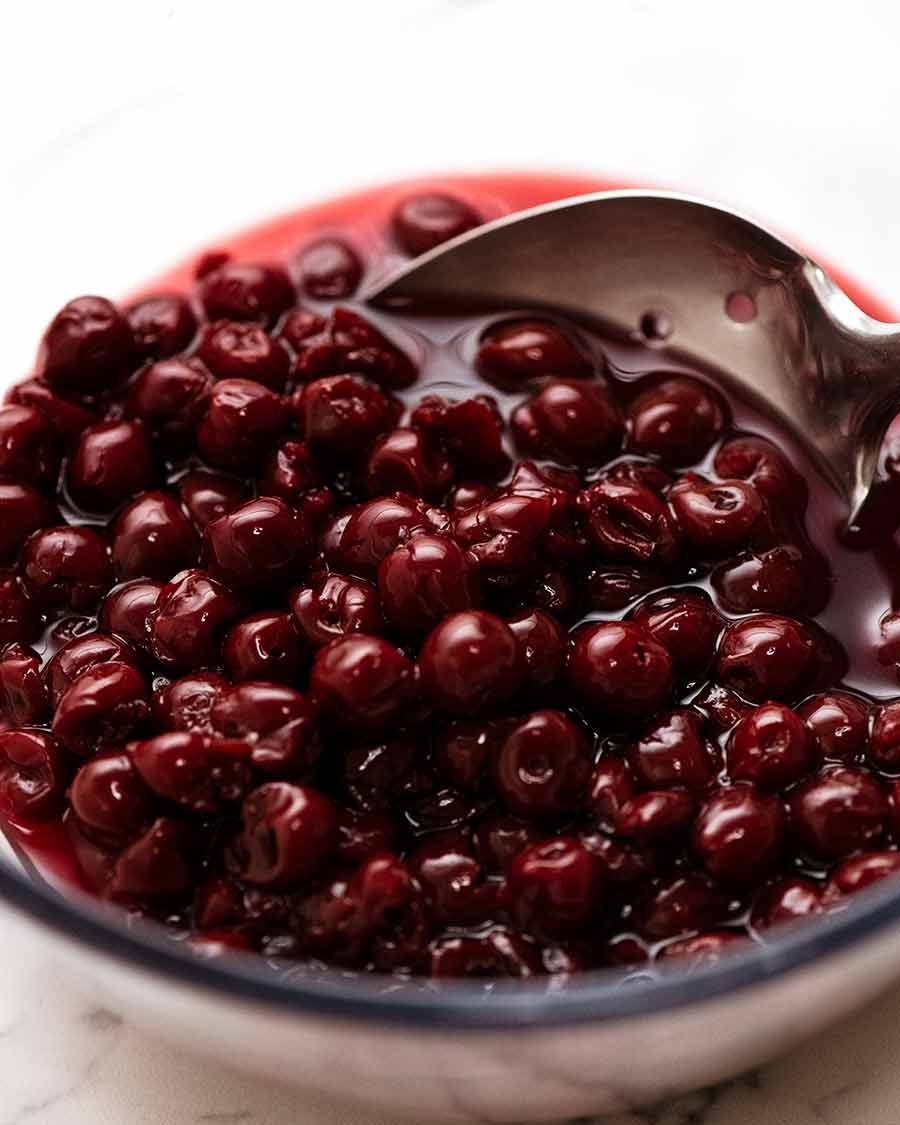 Syrup soaked cherries for Black Forest Cake