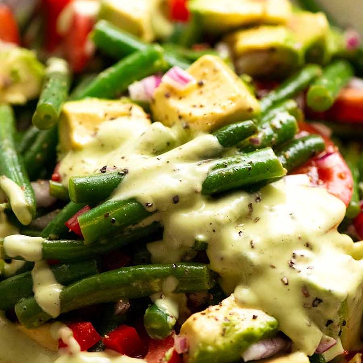 Close up of Green Bean Avocado Salad with Avocado Dressing