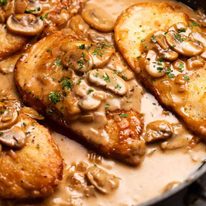 Freshly cooked Chicken Marsala in a pan