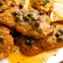 Close up of plate of Chicken Piccata