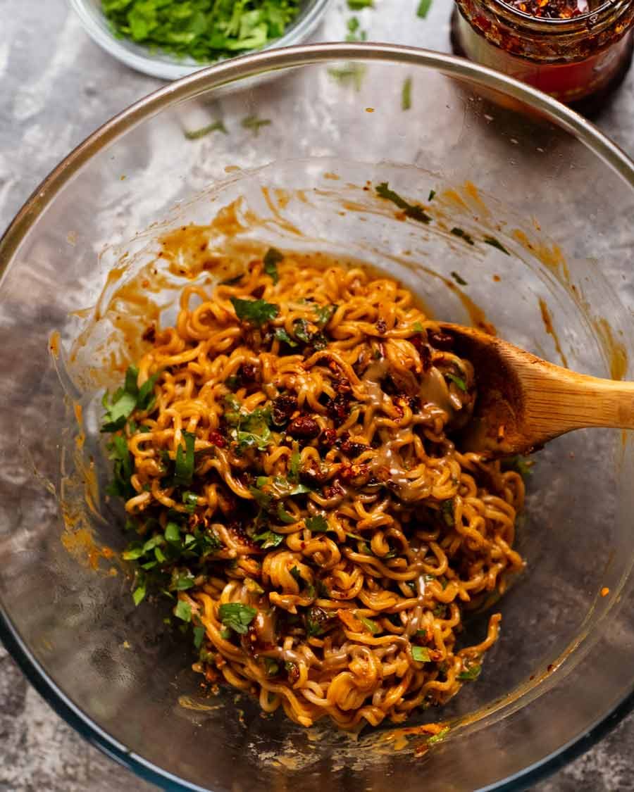 Chilli crisp noodles in a bowl