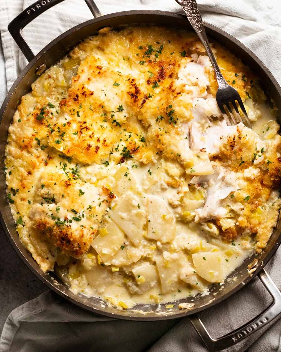 Freshly cooked Creamy fish on potato gratin