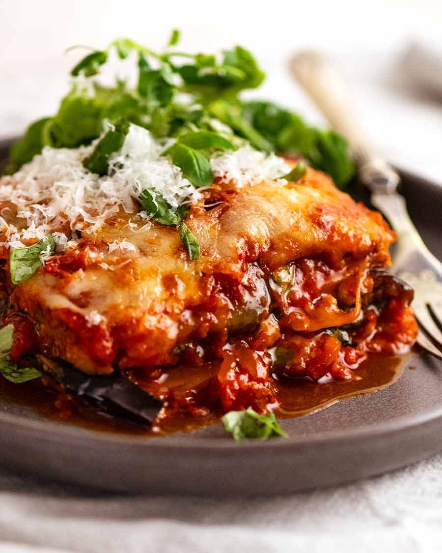 Slice of Eggplant Parmigiana on a plate