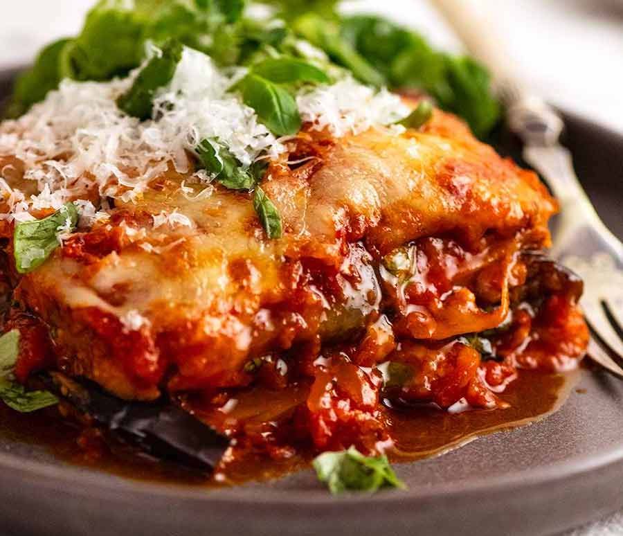 Close up photo of a slice of Eggplant Parmigiana