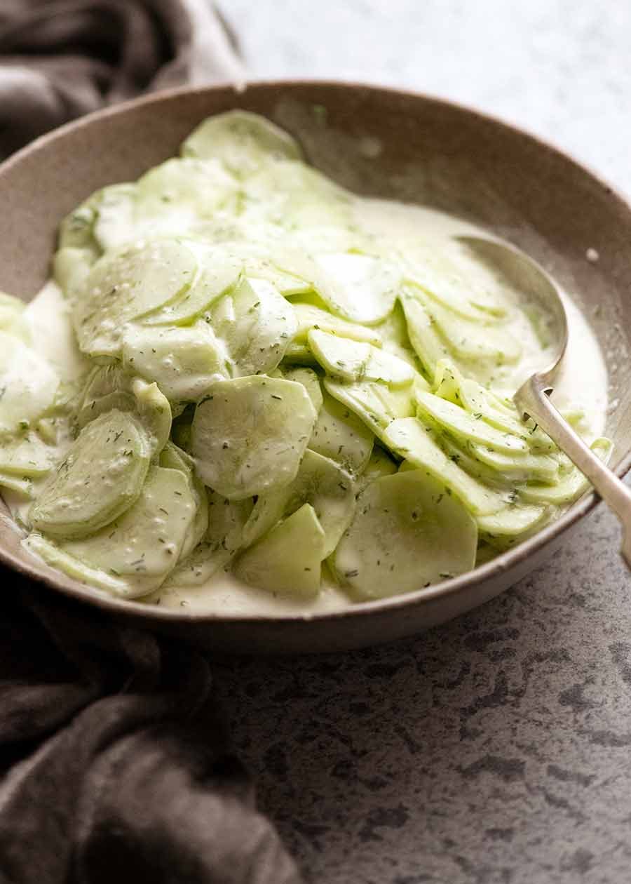 German Cucumber Salad in a bowl, ready to be served