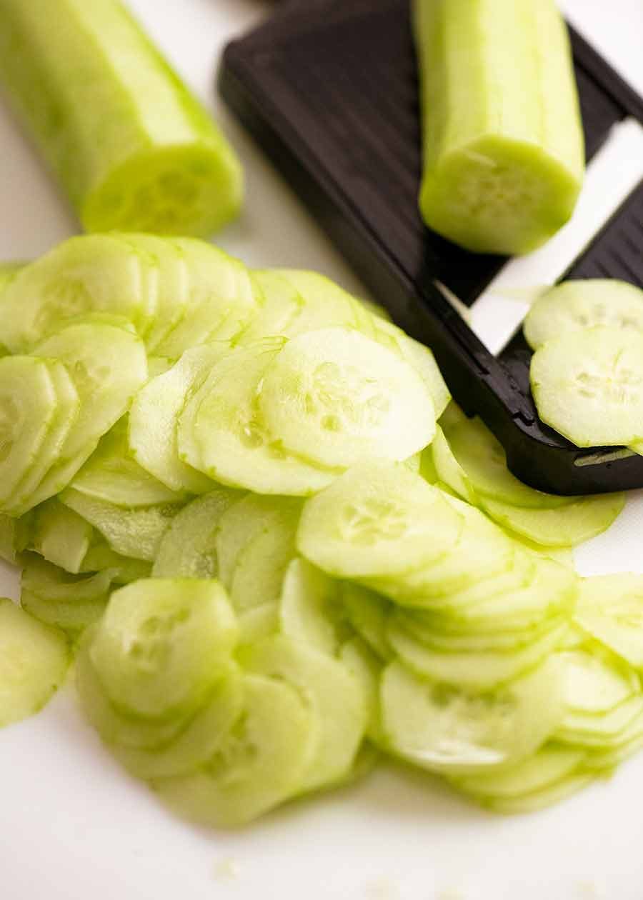 Fine slices of cucumber for German Cucumber Salad