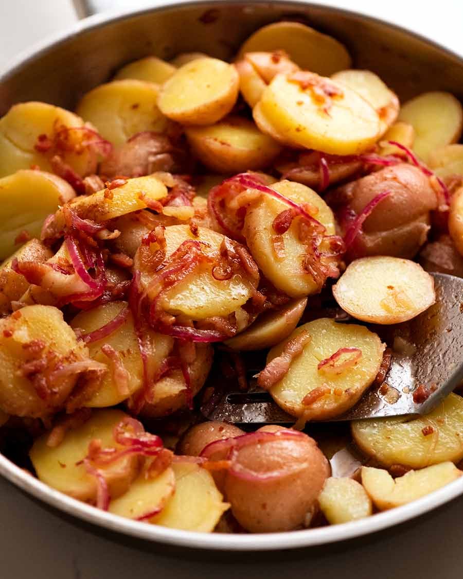 German Potato Salad being made in a skillet