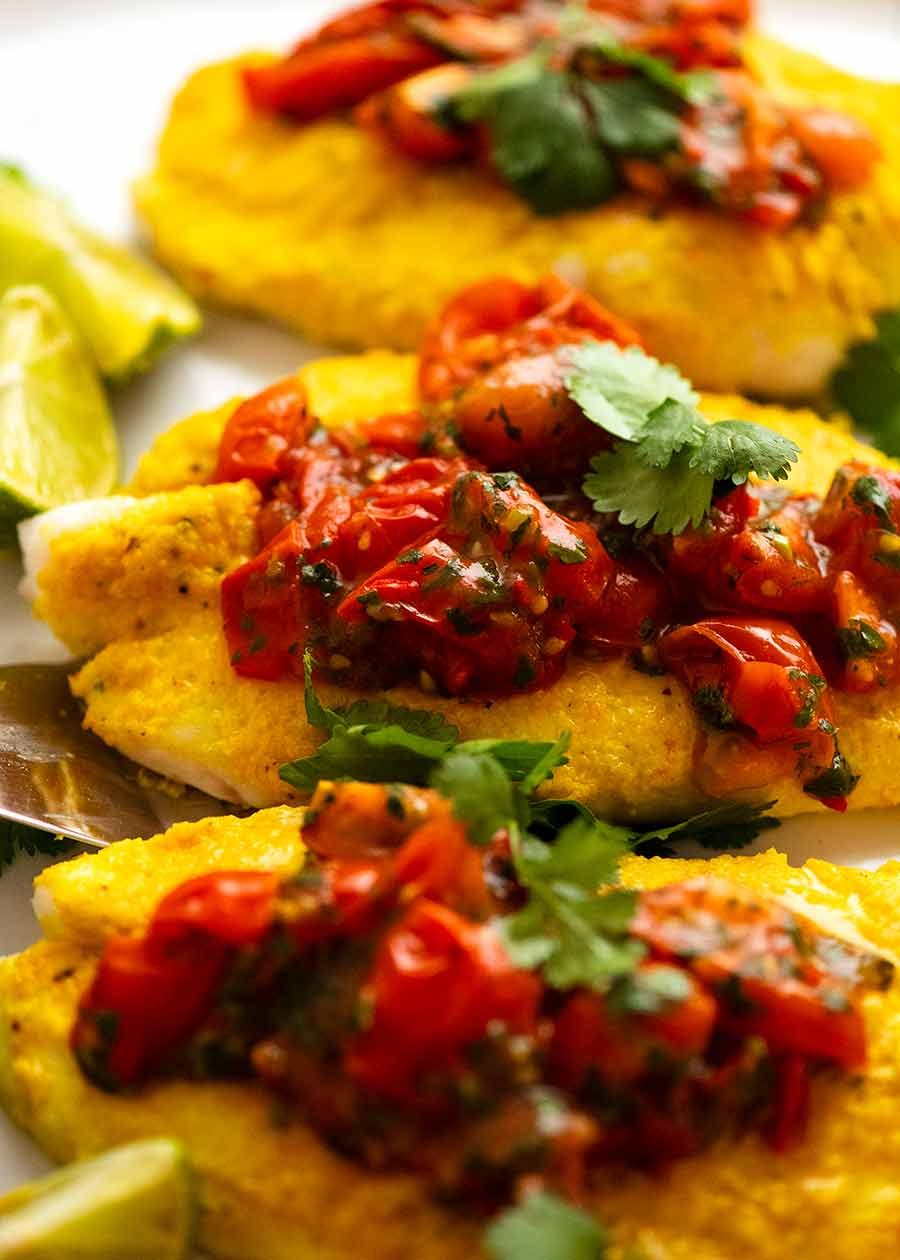 Close up of a plate of Golden Turmeric Fish (Indonesian) made with John Dory, ready to be served