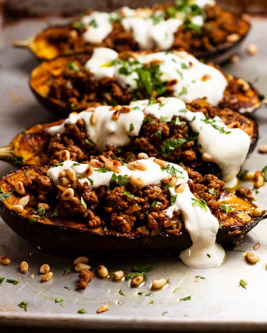 Freshly baked Moroccan stuffed eggplant - spiced beef or lamb