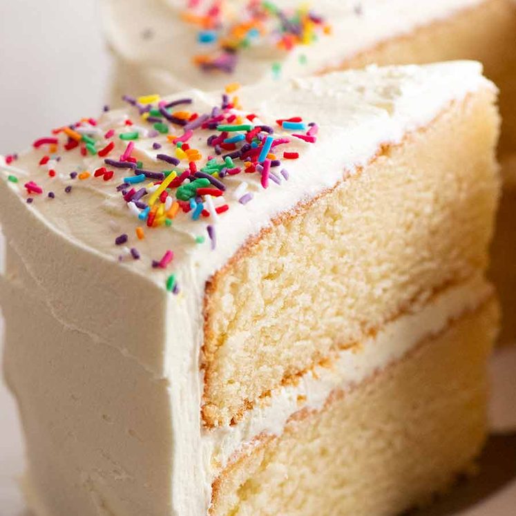 Close up of a slice of the best Vanilla Cake