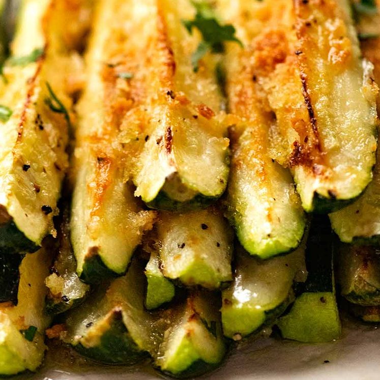 Close up of stack of parmesan baked zucchini