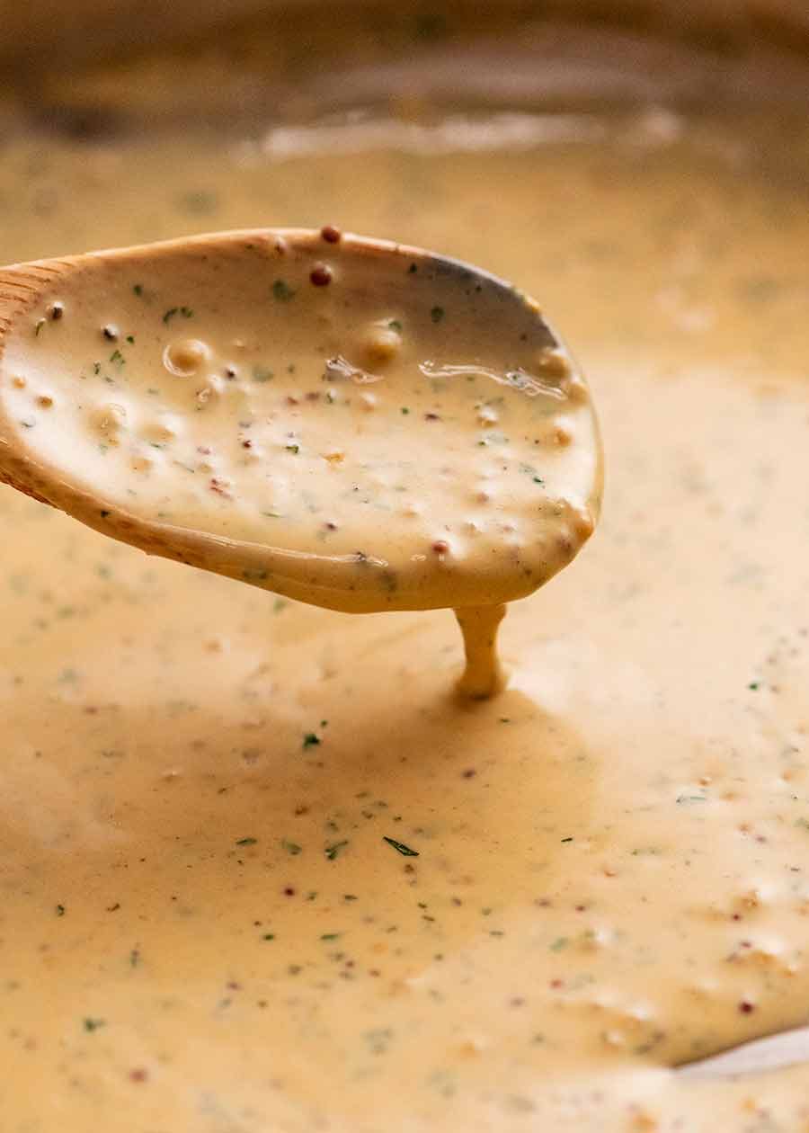 Close up of Creamy Mustard Sauce for pork tenderloin