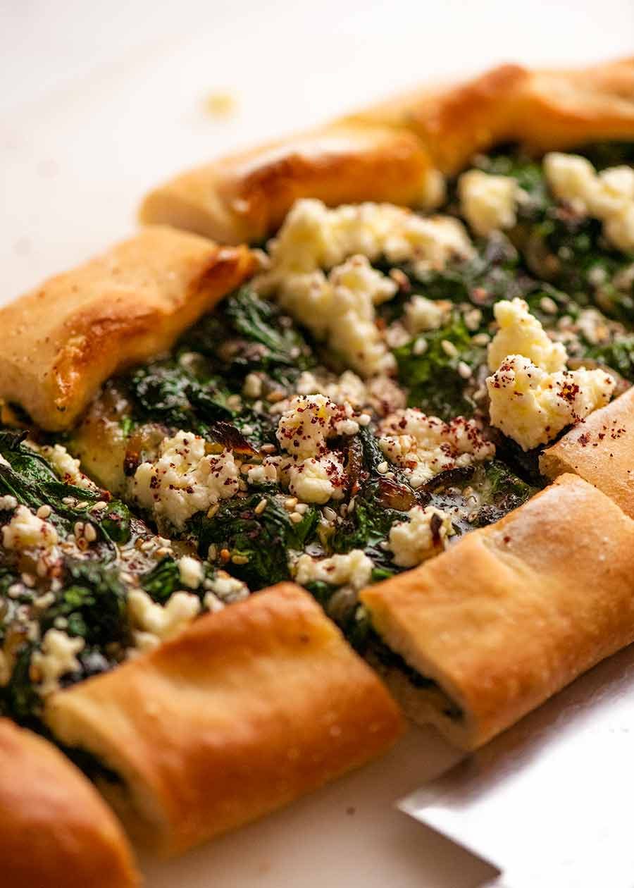 Freshly cooked Spinach Pide ready to be eaten