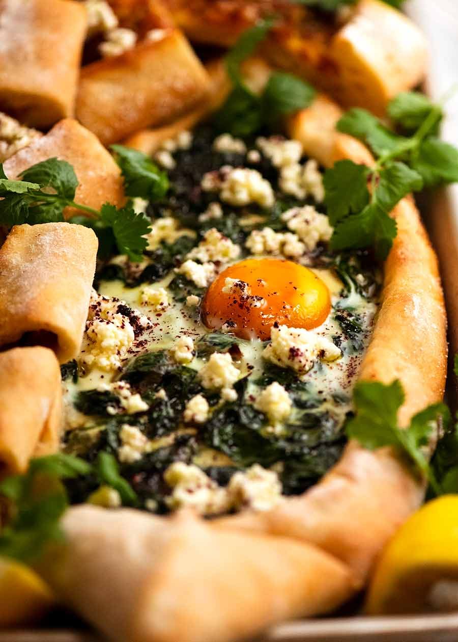 Close up of Spinach Pide with Egg