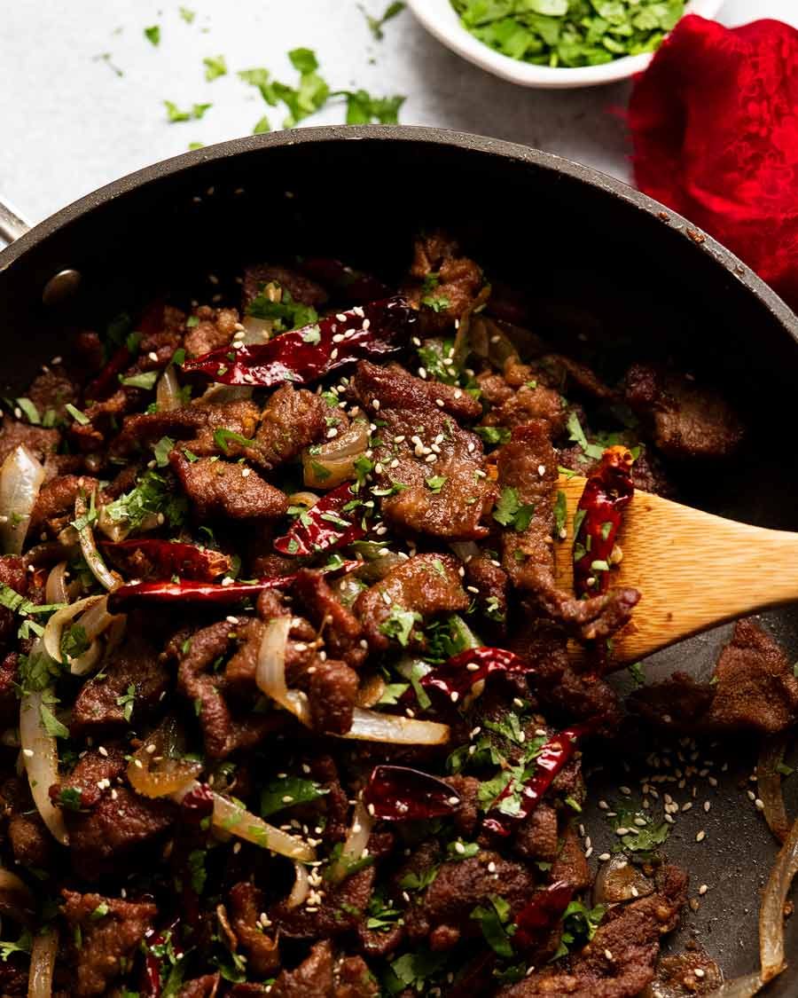 Close up of Xinjiang Cumin Lamb Stir Fry