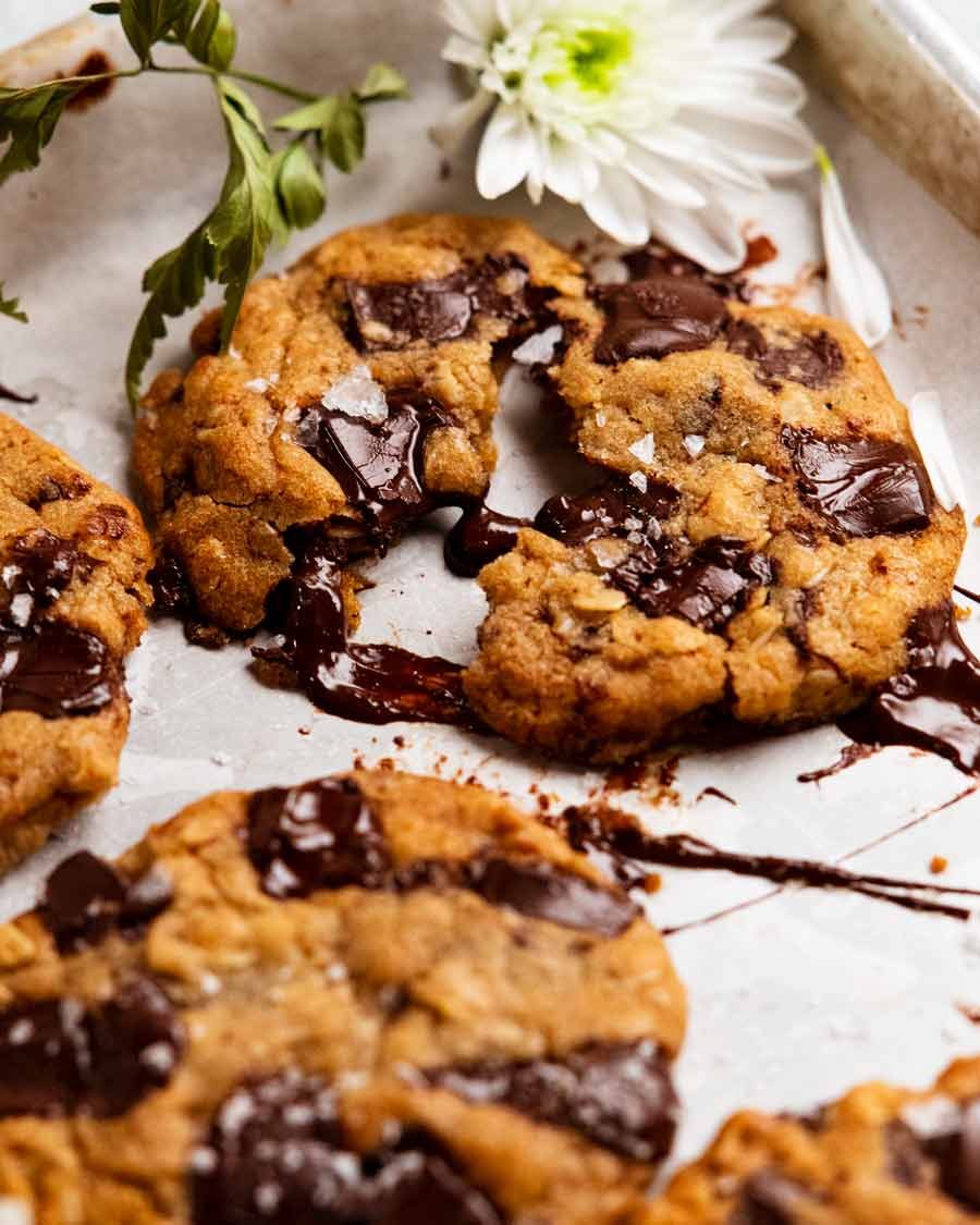 Close up photo of broken Brown butter oatmeal choc chip cookies