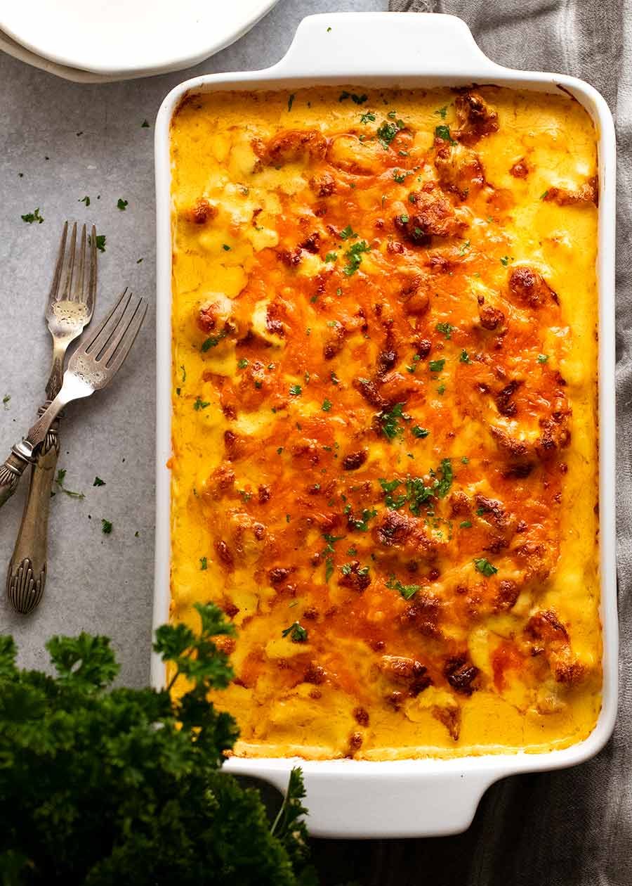 Dish of freshly baked Cauliflower Cheese