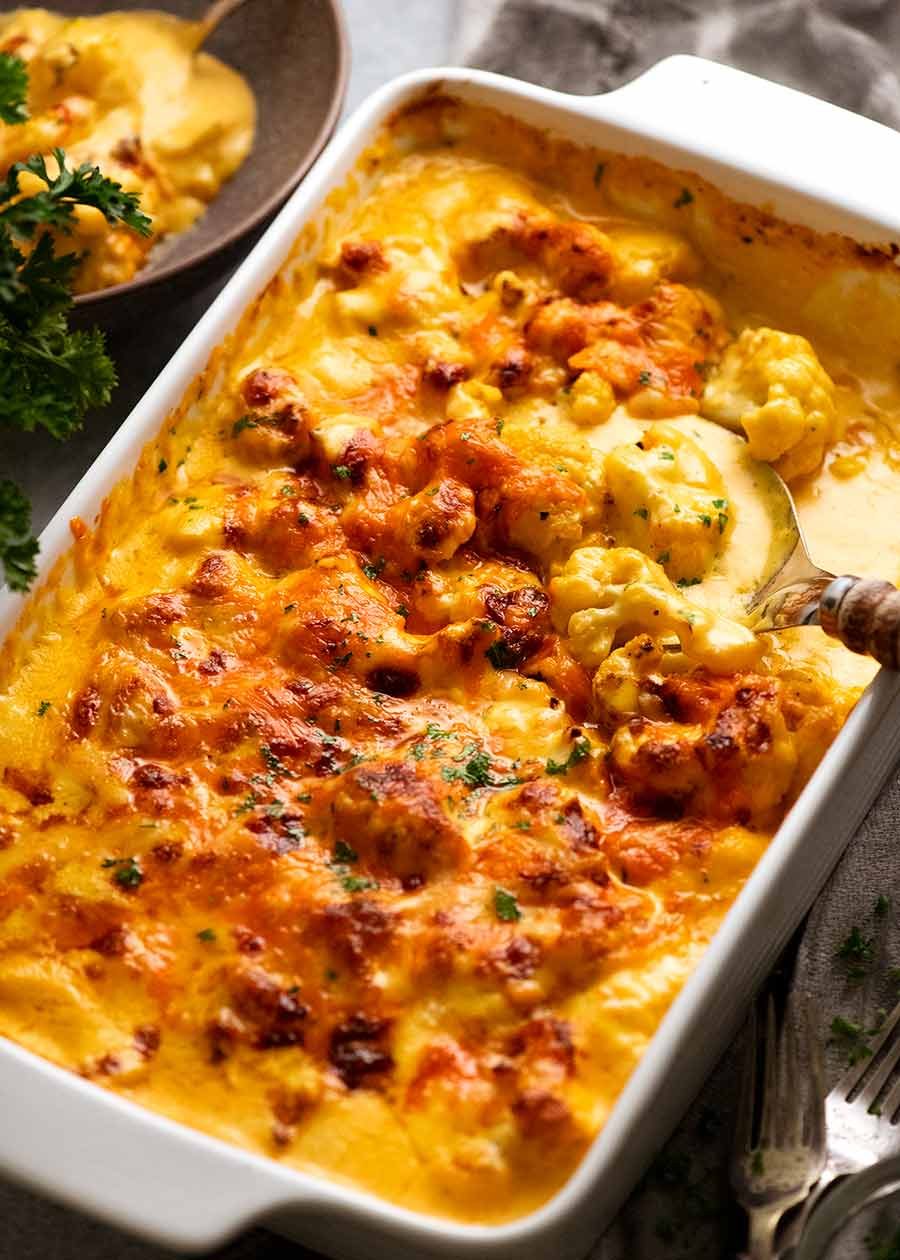 Cauliflower Cheese in a baking dish, fresh out of the oven ready to be served