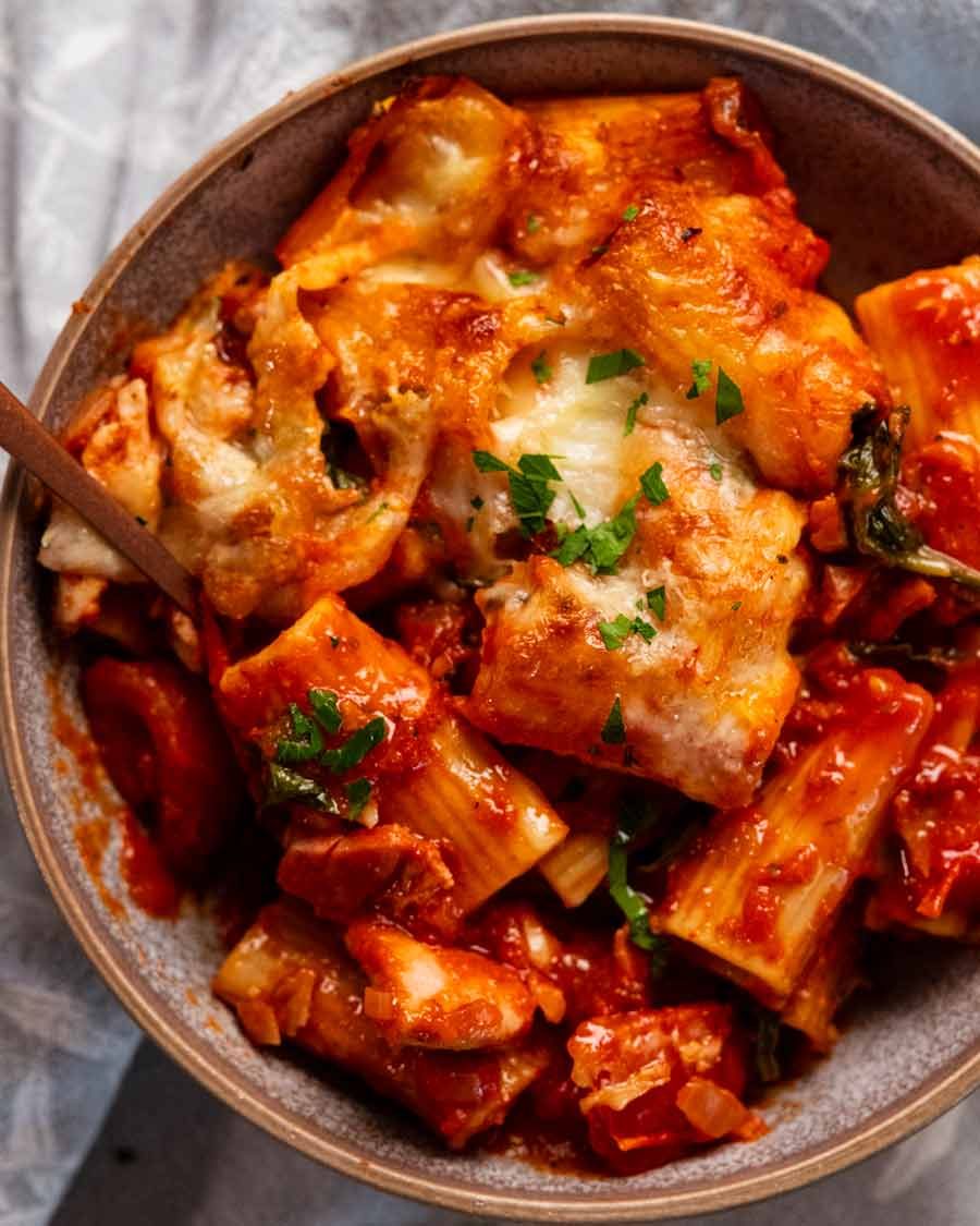 Overhead photo bowl of Chicken pasta bake