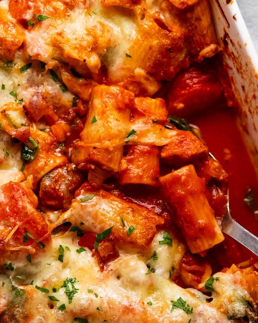 Close up of chicken pasta bake