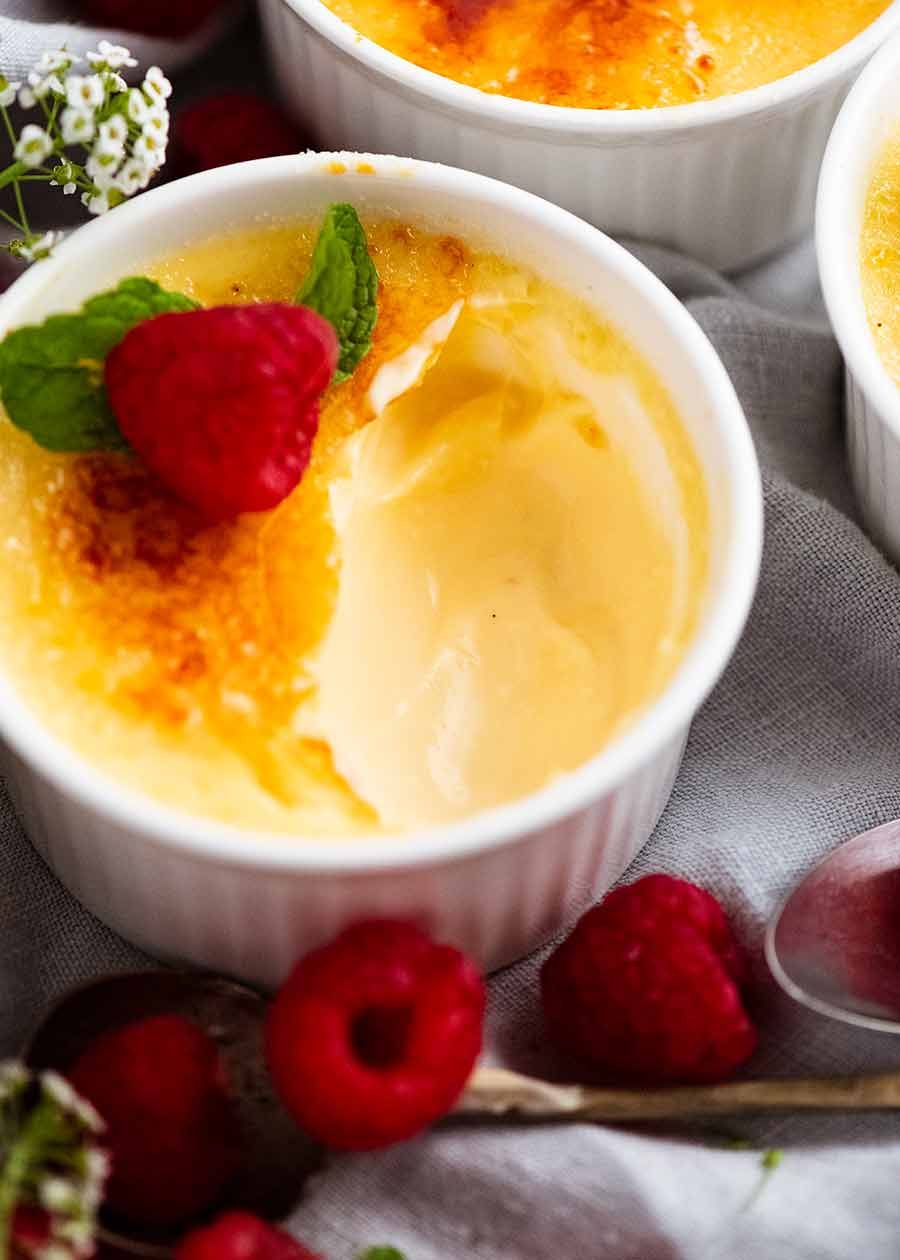 Close up of the inside of Creme Brûlée in a pot